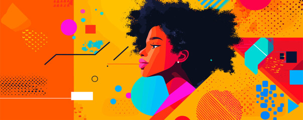 Poster - Vibrant abstract art of woman's profile with geometric shapes and colors - vector.