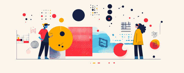 Poster - Abstract geometric shapes with two people in artistic composition - vector.