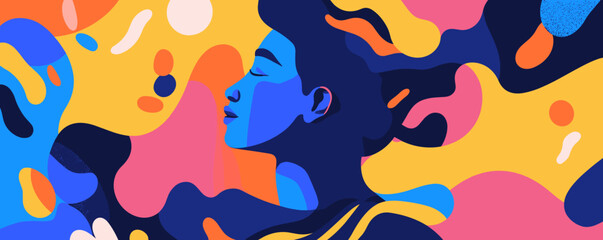 Poster - Colorful abstract portrait of a peaceful woman in profile, featuring bold geometric patterns - vector.