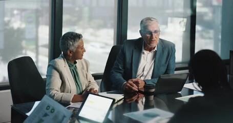 Aufkleber - CEO talking, group and business people with laptop for financial results, banking data and planning. Team, cooperation and manager in office for investment meeting, profit analysis and revenue charts