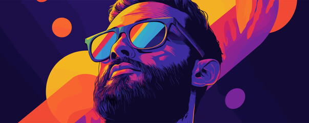 Poster - Colorful pop art style portrait of man with sunglasses against abstract background vector.