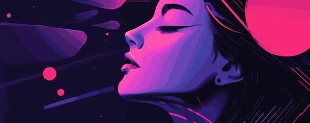 Poster - Vibrant abstract portrait of a woman with neon colors and geometric shapes - vector.