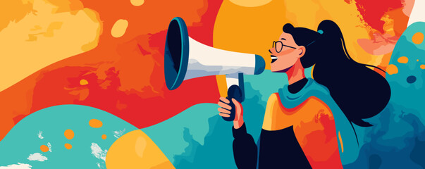 Poster - Woman with megaphone and colorful abstract background design vector.