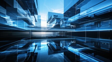 Poster - futuristic abstract building shapes with glowing edges and reflective surfaces.
