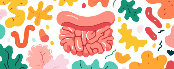 Poster - Colorful abstract intestines surrounded by organic shapes and leaves - vector.
