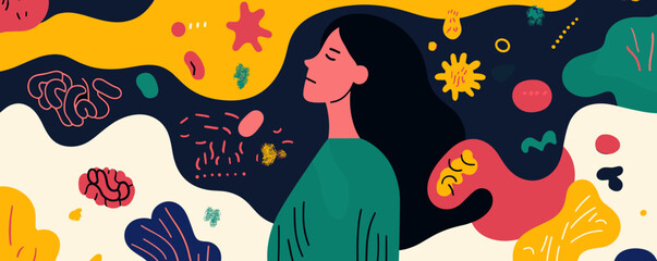 Poster - Abstract woman in a colorful surreal landscape with flowing hair and shapes - vector.