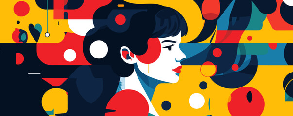 Poster - Abstract portrait of a woman in colorful geometric patterns - vector.