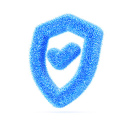 Poster - 3d blue fur fluffy security shield frame isolated render icon. Furry outline safety symbol with tick sign and hairy texture render. Medical protection, data privacy protect, antivirus. 3D illustration