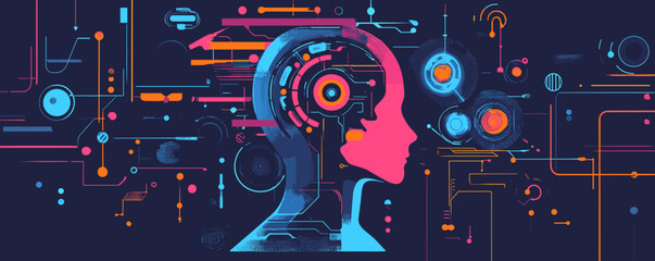 Poster - Futuristic human head with digital interface and circuit elements on dark background - vector.