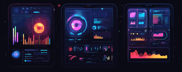 Poster - Futuristic data dashboard with graphs and charts in neon colors – vector.