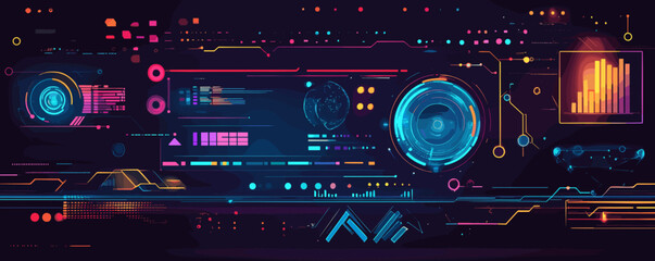 Poster - Futuristic virtual interface with neon graphics and data elements on dark background, vector.
