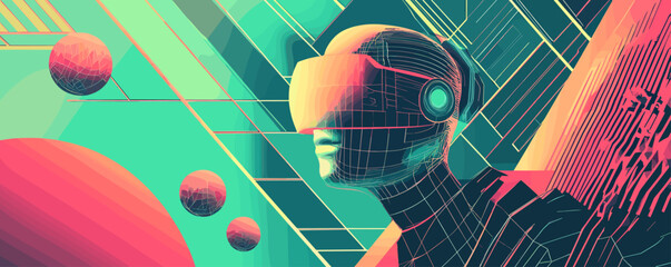 Poster - Futuristic cybernetic human with vr headset in digital geometric landscape vector.