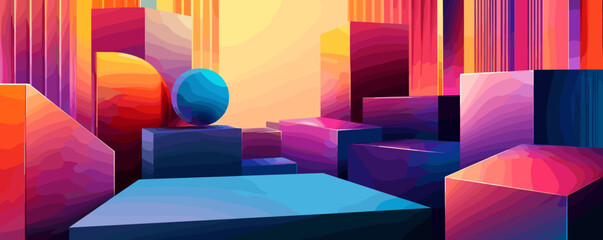 Poster - Vibrant geometric landscape with colorful cubes and spheres in abstract style - vector.