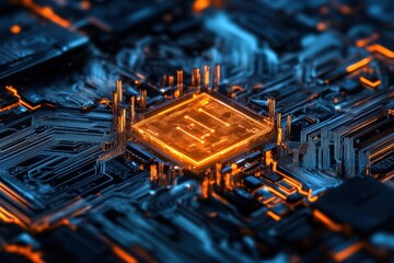 Poster - Intricate close-up of a glowing microchip on a circuit board with vibrant orange details