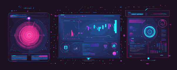 Poster - Futuristic digital interface with data analysis and graph visualizations - vector.