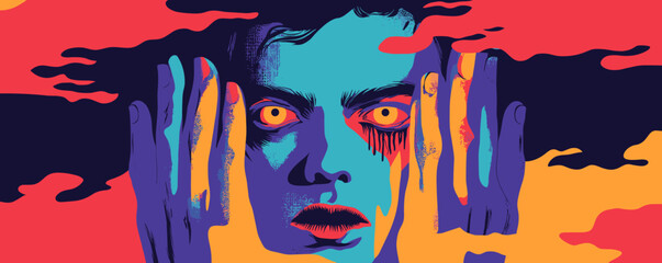 Poster - Surreal psychedelic portrait with vivid colors and expressive eyes - vector.
