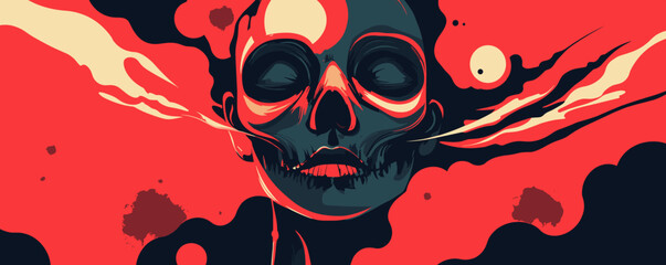 Poster - Abstract skull with red background and dynamic shapes in bold vector.