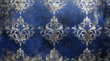 Poster - Luxurious Grunge Wallpaper Design: Royal Blue Textured Background with Silver Damask Patterns and Vintage Accents