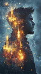 Poster - Portrait of a man with a medieval castle landscape inside his head, sparks, dreams and aspirations concept