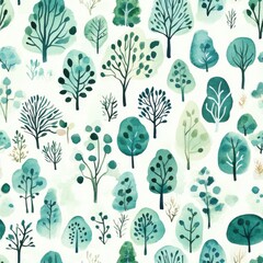 Poster - Tranquil Watercolor Woodland Pattern with Teal and Green Trees