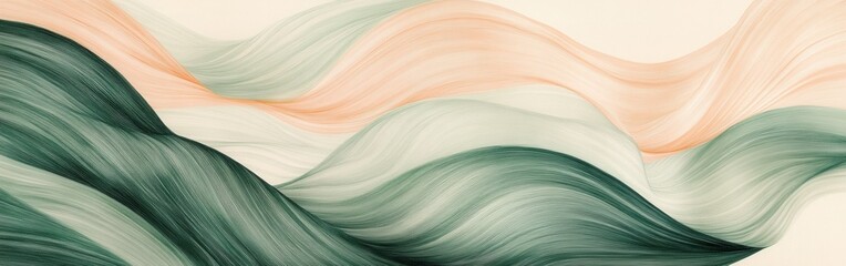 Poster - Fluid pencil strokes create flowing waves in muted shades of green and peach, forming a serene abstract pattern