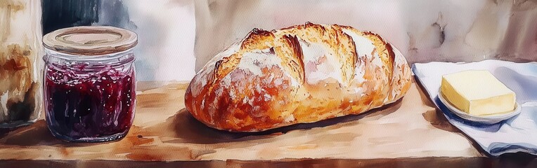 Poster - Watercolor still life featuring fresh baked bread, block of butter on a plate, and jar of berry jam on a wooden surface