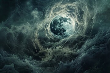 Wall Mural - a full moon shines brightly through a swirling mass of dark, storm clouds, a hauntingly beautiful im