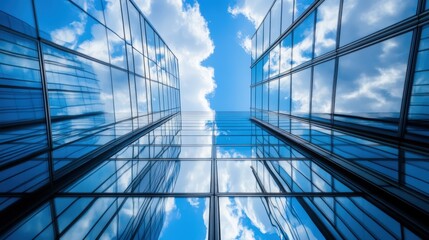 Poster - glass building with clouds in the background representing business cloud solutions and urban innovat
