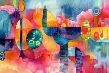 Poster - a vibrant, abstract watercolor painting featuring colorful shapes and patterns, a playful watercolor