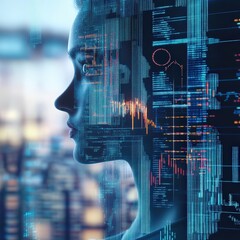 Poster - Woman's face against a cityscape background representing urban life and ai-driven market insights for business growth