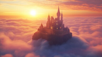 Poster - A floating castle above the clouds, illuminated by a radiant sunset