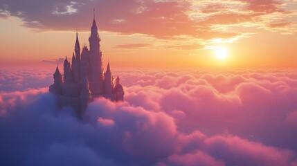 Poster - A floating castle above the clouds, illuminated by a radiant sunset