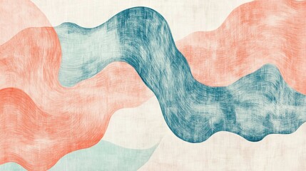Leinwandbilder - Abstract pencil strokes echoed shapes in mint and coral hues on a textured off-white background