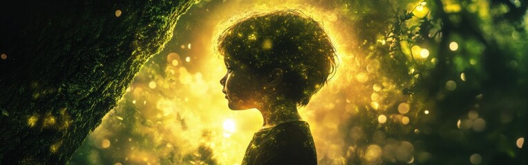 Aufkleber - Enchanted Child in Glowing Forest: A Portrait of Wonder and Innocence Amidst Nature's Magic