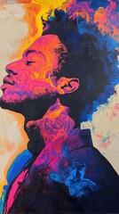 Poster - Vibrant portrait of a man in profile with glowing skin tones and dark hair, painted with bold brushstrokes in a contemporary style
