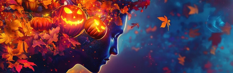 Poster - Man's Autumnal Profile: Glowing Skin, Jack-o'-Lanterns, and Festive Fall Foliage in an Ethereal, Dreamlike Portrait