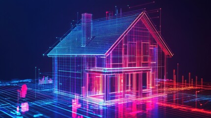Leinwandbilder - Digital blueprint of a modern house with data visualizations, conveying innovation, technology, and futuristic architecture