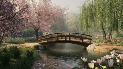 Aufkleber - Serene park scene featuring a wooden bridge over a calm stream, surrounded by blossoming trees and lush greenery, creating a peace