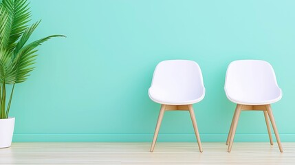 Poster - Minimalist Scandinavian Chairs, featuring light wood legs and white seats, set against a soft mint green wall and pale wood flooring, creating a serene and modern atmosphere