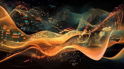 Fototapete - Glowing financial network with dynamic data flow visualized in orange and teal against a dark background