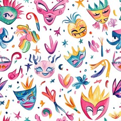 Leinwandbilder - Colorful carnival masks and playful stars: Watercolor pattern for festive designs and whimsical celebrations.