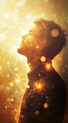 Aufkleber - Silhouette of a Man's Head Enveloped in Glowing Energy, Sparks, and Celestial Light, Symbolizing Inner Power, Inspiration, and Spirituality