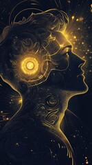 Poster - Mystical Man's Profile: Golden Light, Intricate Lines, and Cosmic Energy