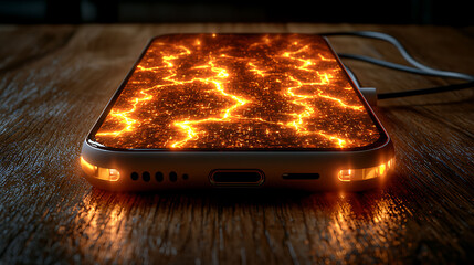Poster - A smartphone screen displays a mesmerizing fiery energy, charging on a wooden surface. The intense orange glow evokes concepts of power, innovation, and high energy consumption.