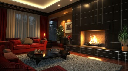 Aufkleber - Cozy Living Room Interior with Fireplace, Red Sofa, and Soft Lighting for Relaxing Home Atmosphere