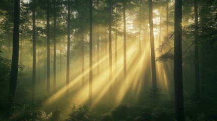 Poster - A foggy enchanted forest with streaks of sunlight piercing through