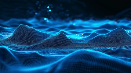 Poster - A futuristic wireframe landscape glowing in electric blue hues.