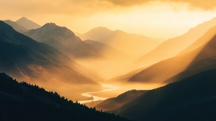Poster - A golden hour mountain range with a river of glowing mist flowing through