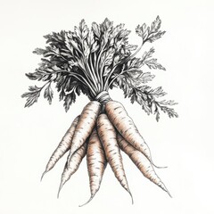 Poster - Artistic Illustration of Fresh Carrots with Lush Green Tops Tied Together, Farm-Fresh Produce, Detailed Botanical Art, Healthy Eating