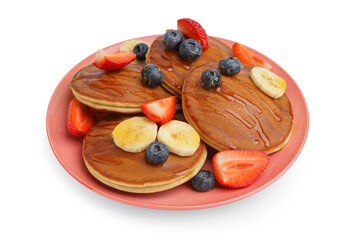 Wall Mural - plate with tasty pancakes with blueberries and banana on white background
